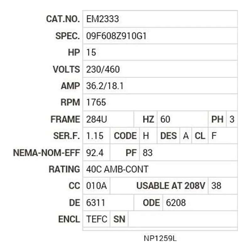 EM2333 Baldor 15 HP, 1765 RPM, 3 PH, 60 HZ, 284U, 0944M, TEFC, F1 Motor Nameplate - view 2