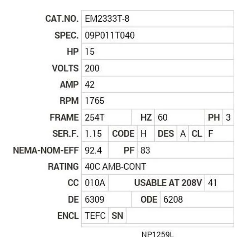 EM2333T-8 Baldor 15 HP, 1765 RPM, 3 PH, 60 HZ, 254T, 0944M, TEFC, F1 Motor Nameplate - view 2