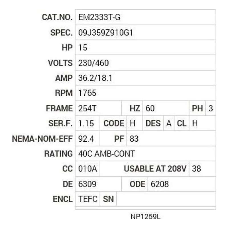 EM2333T-G Baldor 15 HP, 1765 RPM, 3 PH, 60 HZ, 254T, 0944M, TEFC, F1 Motor Nameplate - view 2