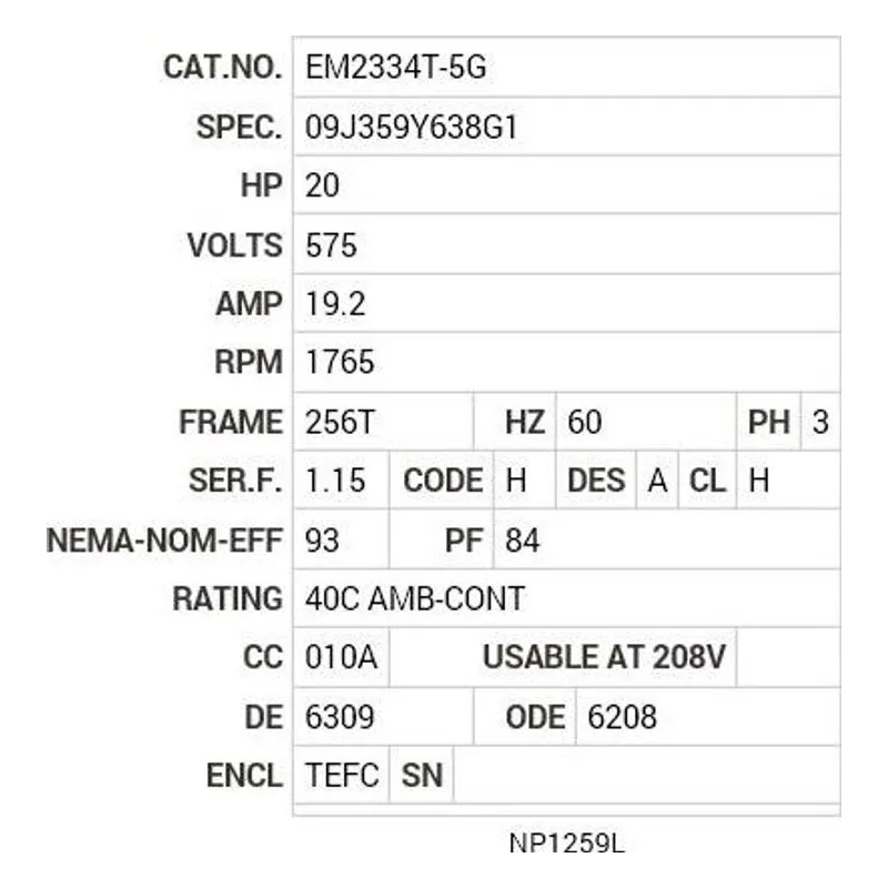 EM2334T-5G Baldor 20 HP, 1765 RPM, 3 PH, 60 HZ, 256T, 0952M, TEFC, F1 Motor Nameplate - view 2