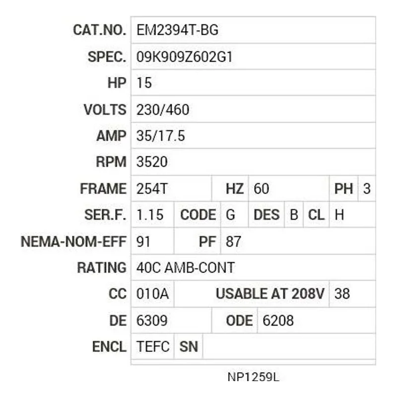EM2394T-BG Baldor 15 HP, 3520 RPM, 3 PH, 60 HZ, 254T, 0930M, TEFC, F1 Motor Nameplate - view 2
