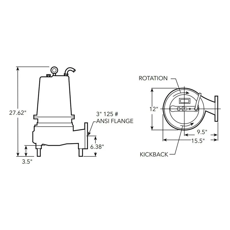 Goulds 3SD Non-Clog Dual Seal with Seal Sensor Probe Sewage Pumps 2HP 3/60/460 7.00A" 5.0MA Dimensions - view 2