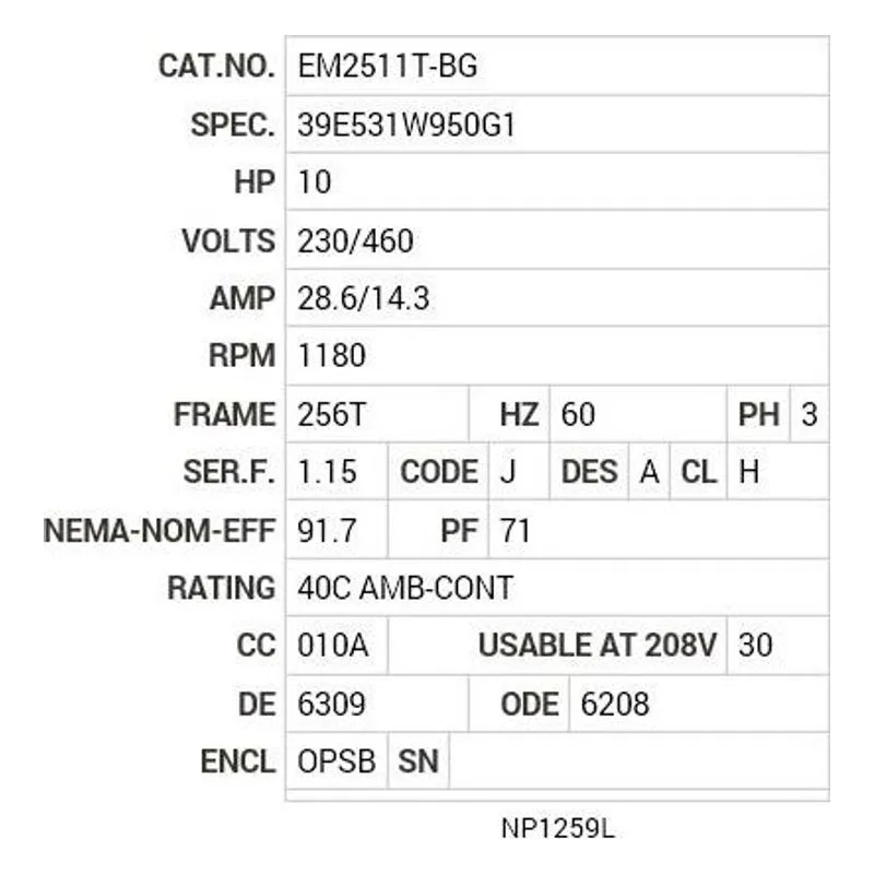 EM2511T-BG Baldor 10 HP, 1180 RPM, 3 PH, 60 HZ, 256T, 3954M, OPSB, F1 Motor Nameplate - view 2