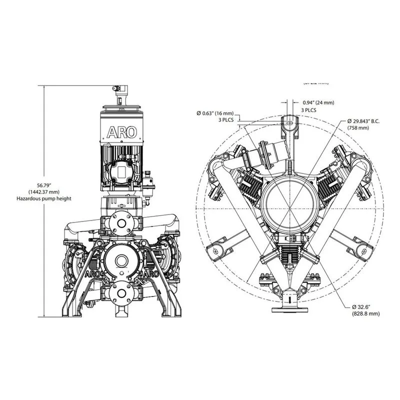 ARO EP20-SFSSA-CSV-BDA Ingersoll Rand EVO Series Hazardous Duty 2" Metallic Electric Diaphragm Pump Dimensions - view 4