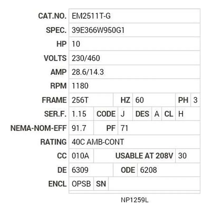 EM2511T-G Baldor 10 HP, 1180 RPM, 3 PH, 60 HZ, 256T, 3954M, OPSB, F1 Motor Nameplate - view 2