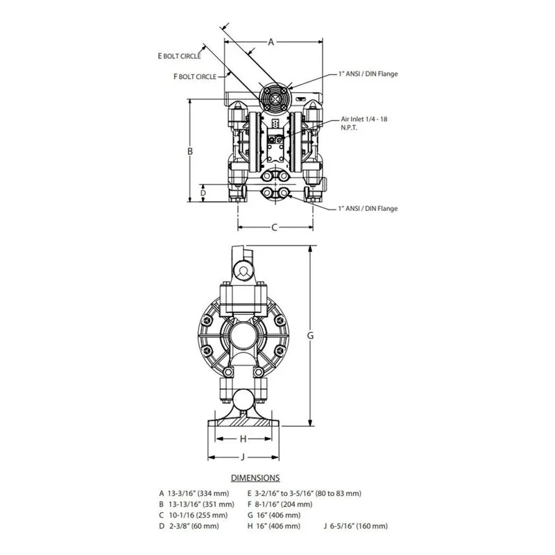 ARO 6661BJ-3EB-C Ingersoll Rand 1" Non-Metallic Pro Series Air Operated Double Diaphragm Pump Dimensions, Cast Iron - view 3