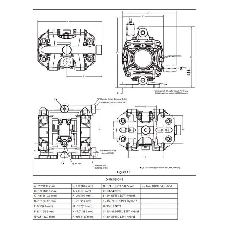 ARO PD01E-HDS-DCC-A Ingersoll Rand 1/4" Non-Metallic Compact Series Air Operated Double Diaphragm Pump Dimensions - view 2