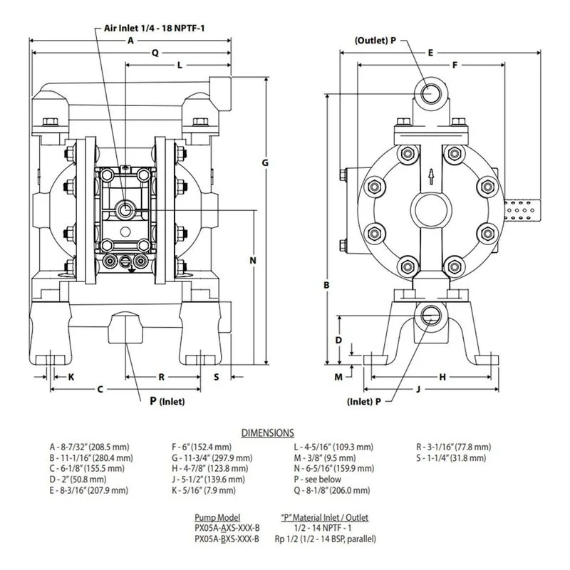ARO PD05A-ASS-PTT-B Ingersoll Rand 1/2" Metallic Compact Series Air Operated Double Diaphragm Pump Dimensions, Aluminum - view 3