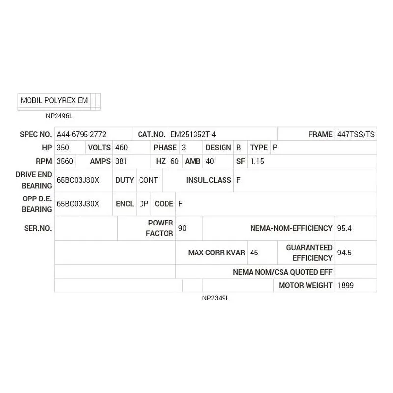 EM251352T-4 Baldor 350 HP, 3560 RPM, 3 PH, 60 HZ, 447TSS, A44084M, DP Motor Nameplate - view 2