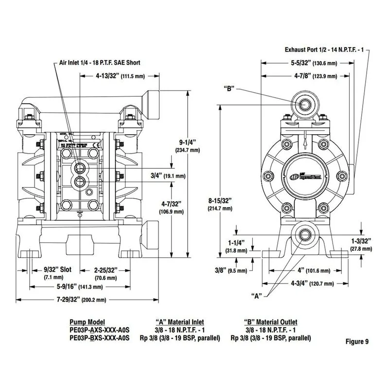 ARO PE03P-AES-DAA-A0M Ingersoll Rand 3/8" Non-Metallic Compact Series Air Operated Double Diaphragm Pump Dimensions - view 3