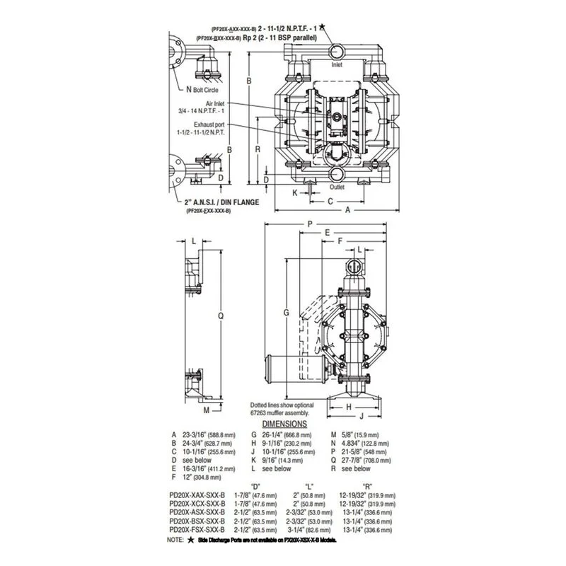 ARO PF20S-FSS-SVT-B Ingersoll Rand 2" Metallic Flap Valve Air Operated Double Diaphragm Pump Dimensions, Stainless Steel - view 3