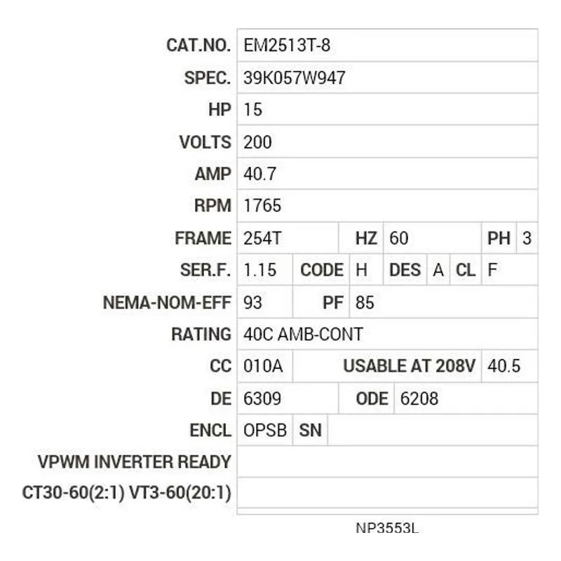 EM2513T-8 Baldor 15 HP, 1765 RPM, 3 PH, 60 HZ, 254T, 3938M, OPSB, F1 Motor Nameplate - view 2