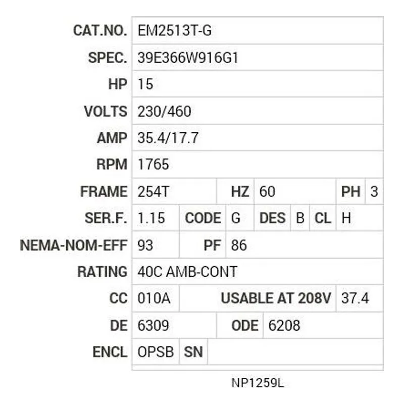 EM2513T-G Baldor 15 HP, 1765 RPM, 3 PH, 60 HZ, 254T, 3938M, OPSB, F1 Motor Nameplate - view 2