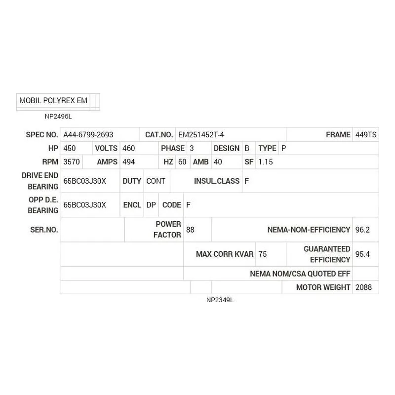 EM251452T-4 Baldor 450 HP, 3570 RPM, 3 PH, 60 HZ, 449TS, A44112M, DP Motor Nameplate - view 2