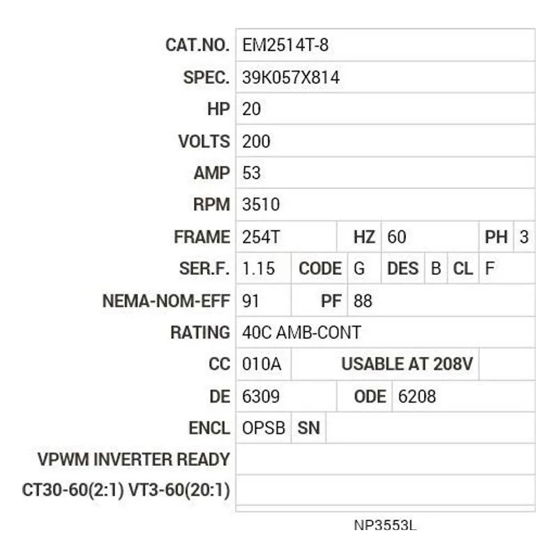 EM2514T-8 Baldor 20 HP, 3510 RPM, 3 PH, 60 HZ, 254T, 3928M, OPSB, F1 Motor Nameplate - view 2