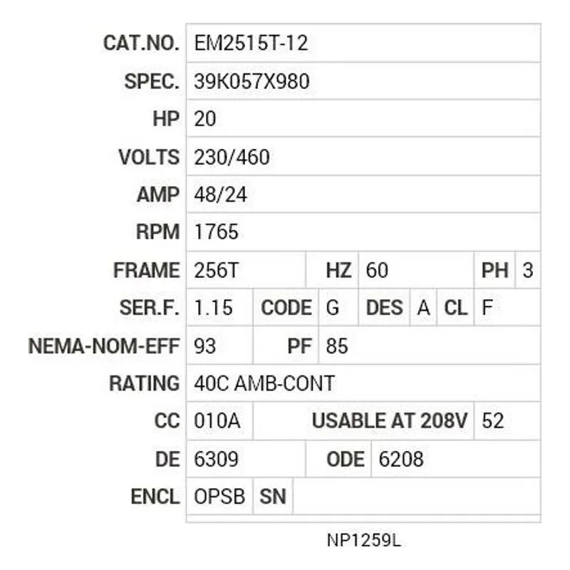 EM2515T-12 Baldor 20 HP, 1765 RPM, 3 PH, 60 HZ, 256T, 3948M, OPSB, F1 Motor Nameplate - view 2