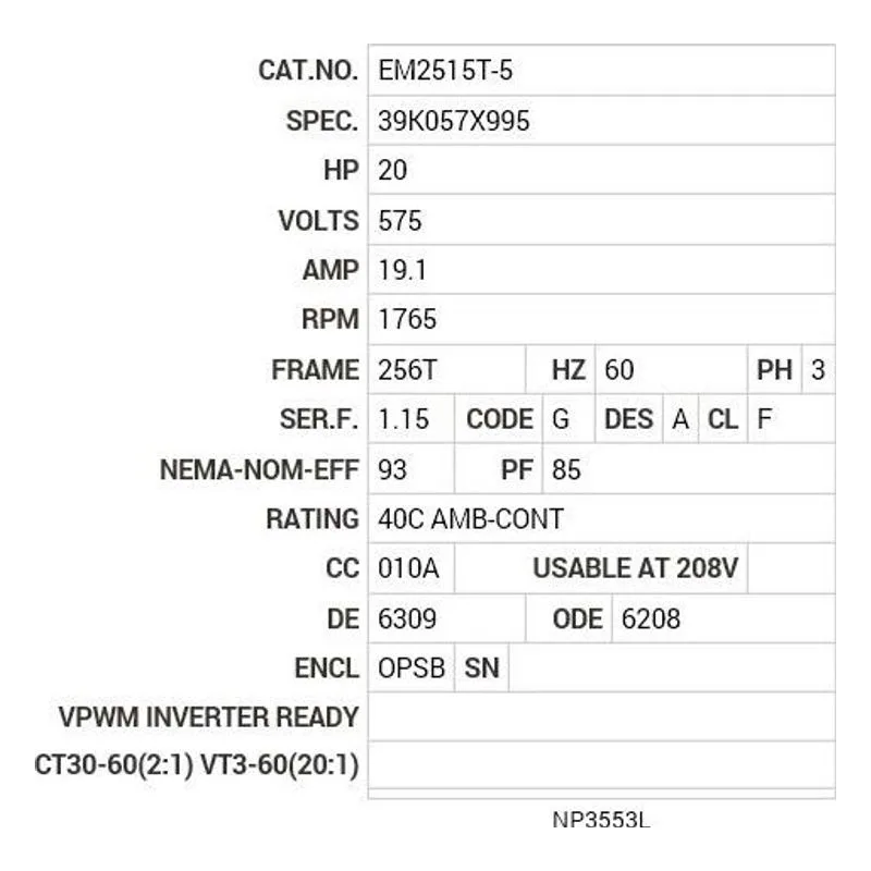 EM2515T-5 Baldor 20 HP, 1765 RPM, 3 PH, 60 HZ, 256T, 3948M, OPSB, F1 Motor Nameplate - view 2