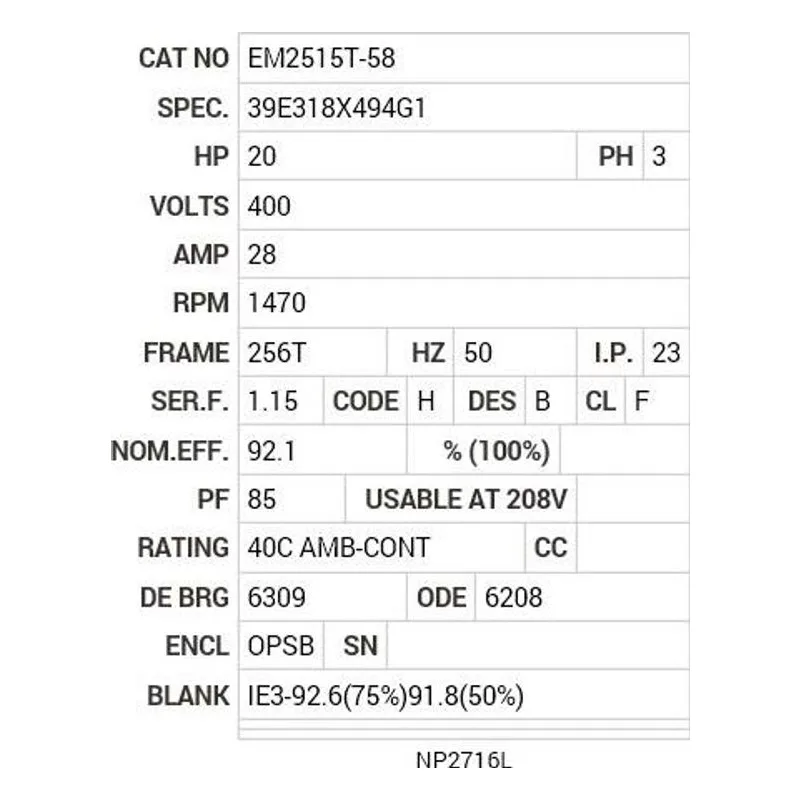 EM2515T-58 Baldor 20 HP, 1470 RPM, 3 PH, 50 HZ, 256T, 3956M, OPSB, F3 Motor Nameplate - view 2