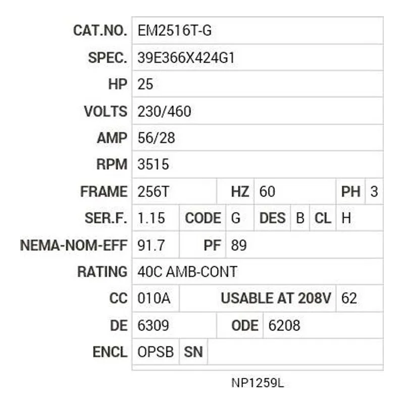 EM2516T-G Baldor 25 HP, 3515 RPM, 3 PH, 60 HZ, 256T, 3938M, OPSB, F1 Motor Nameplate - view 2