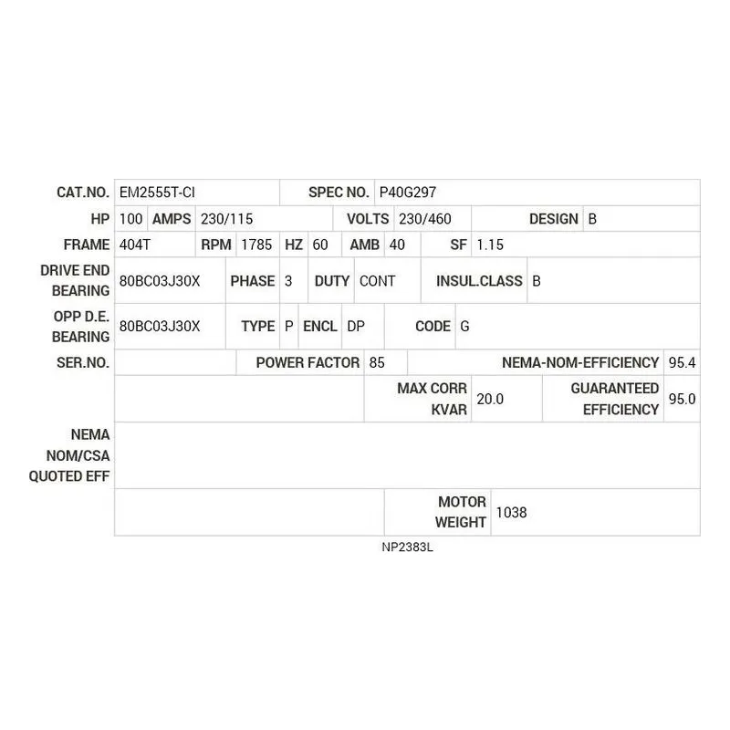 EM2555T-CI Baldor 100 HP, 1785 RPM, 3 PH, 60 HZ, 404T, ODP, FOOT,  Motor Nameplate - view 2