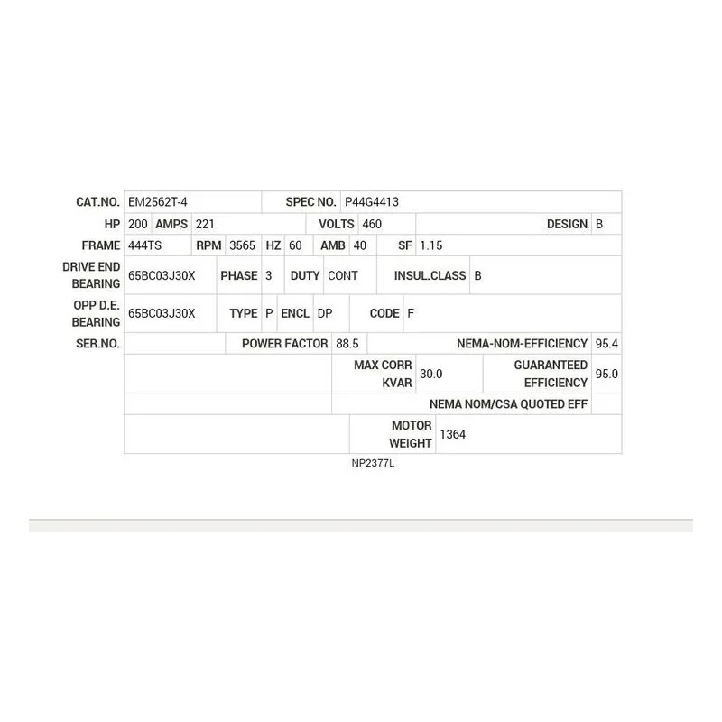 EM2562T-4 Baldor 200 HP, 3560 RPM, 3 PH, 60 HZ, 444TS, 1860M, OPEN Motor Nameplate - view 2