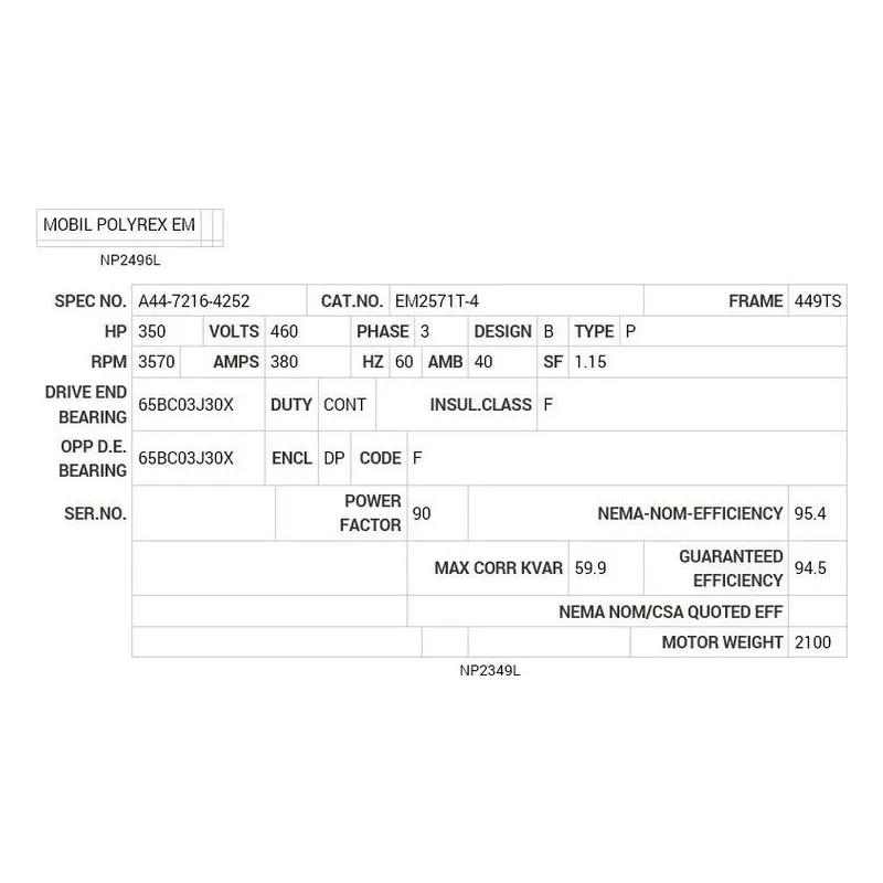 EM2571T-4 Baldor 350 HP, 3570 RPM, 3 PH, 60 HZ, 449TS, DP, F1 Motor Nameplate - view 2