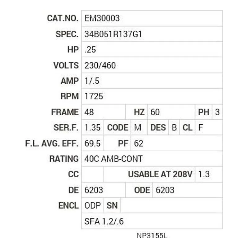 EM30003 Baldor .25 HP, 1725 RPM, 3 PH, 60 HZ, 48, 3413M, ODP, F1, N Motor Nameplate - view 2