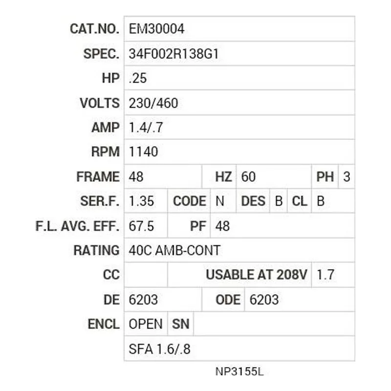 EM30004 Baldor .25 HP, 1140 RPM, 3 PH, 60 HZ, 48, 3416M, TEFC, F1 Motor Nameplate - view 2