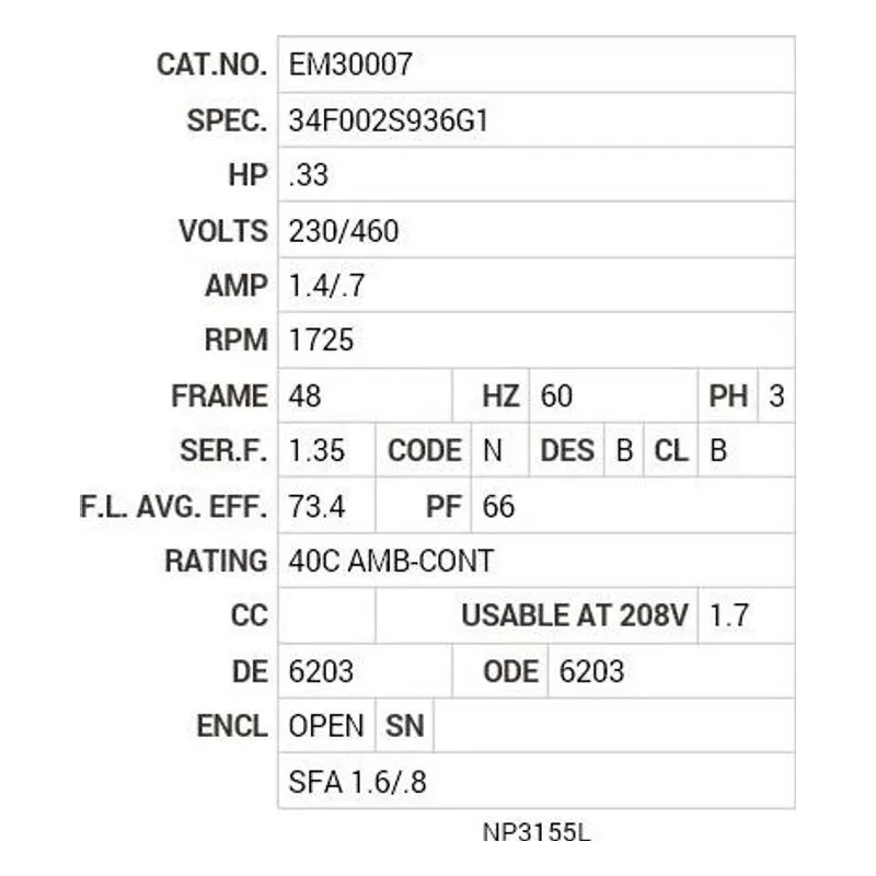 EM30007 Baldor .33 HP, 1725 RPM, 3 PH, 60 HZ, 48, 3416M, OPEN, F1 Motor Nameplate - view 2