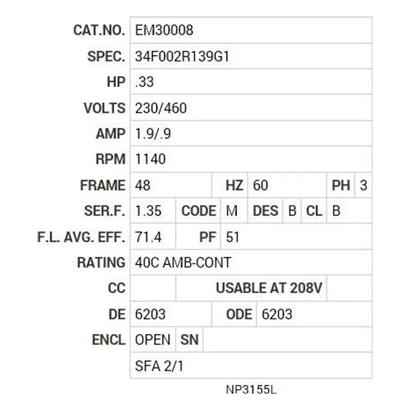 EM30008 Baldor .33 HP, 1140 RPM, 3 PH, 60 HZ, 48, 3421M, OPEN, F1 Motor Nameplate - view 2
