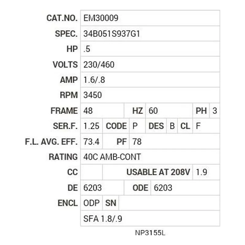 EM30009 Baldor .5 HP, 3450 RPM, 3 PH, 60 HZ, 48, 3416M, ODP, F1, N Motor Nameplate - view 2