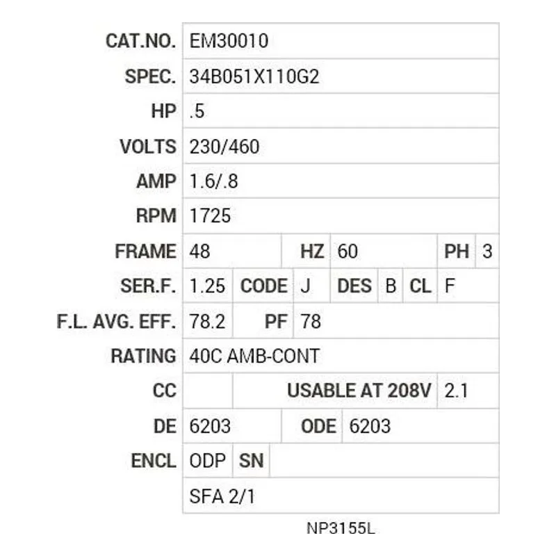 EM30010 Baldor .5 HP, 1725 RPM, 3 PH, 60 HZ, 48, 3424M, ODP, F1, N Motor Nameplate - view 2