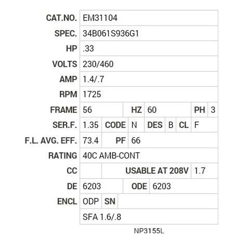 EM31104 Baldor .33 HP, 1725 RPM, 3 PH, 60 HZ, 56, 3416M, ODP, F1, N Motor Nameplate - view 2