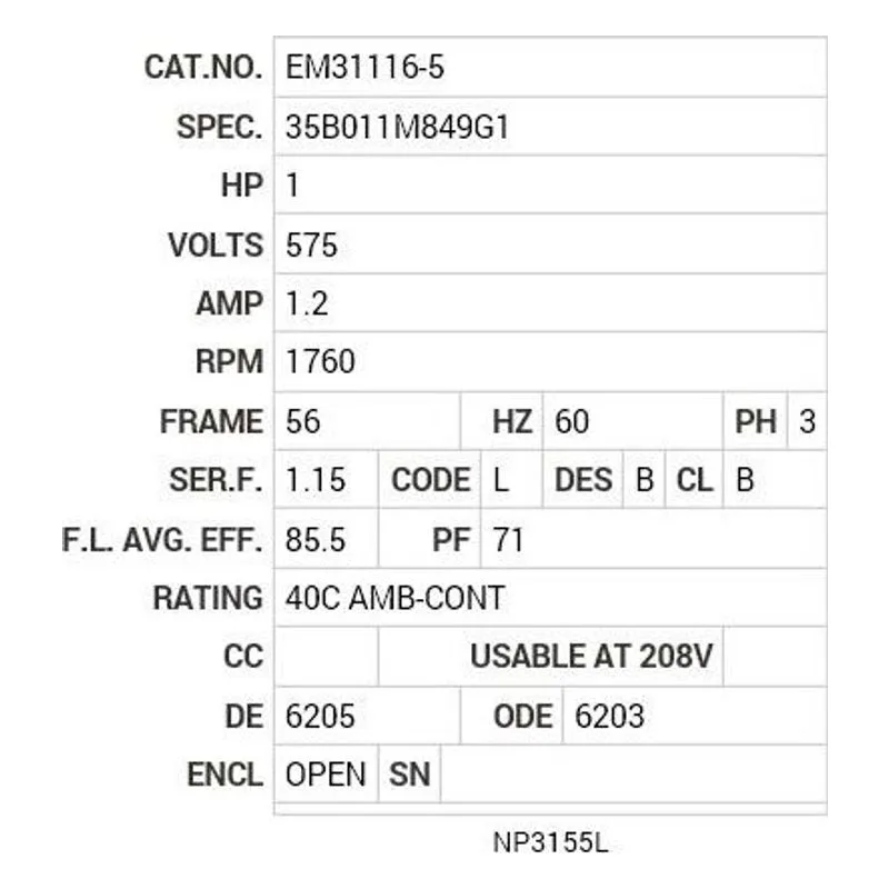 EM31116-5 Baldor 1 HP, 1760 RPM, 3 PH, 60 HZ, 56, 3519M, OPEN, F1, N Motor Nameplate - view 2
