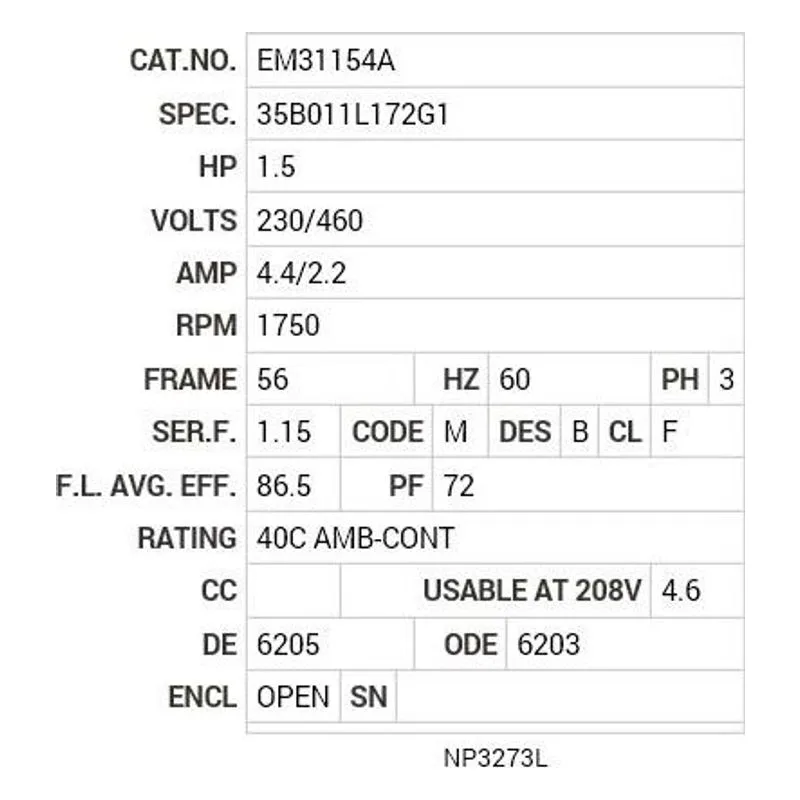 EM31154A Baldor 1.5 HP, 1750 RPM, 3 PH, 60 HZ, 56, 3526M, OPEN, F1 Motor Nameplate - view 2