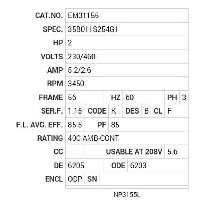 EM31155 Baldor 2 HP, 3450 RPM, 3 PH, 60 HZ, 56, 3524M, ODP, F1, N Motor Nameplate - view 2