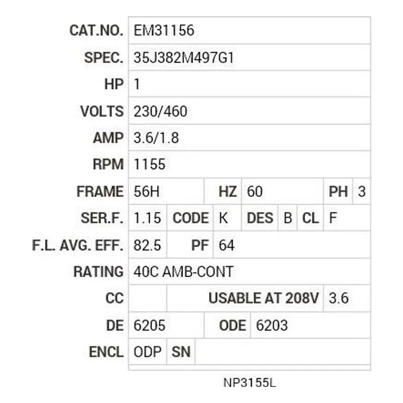 EM31156 Baldor 1 HP, 1155 RPM, 3 PH, 60 HZ, 56H, 3526M, ODP, F1, N Motor Nameplate - view 2