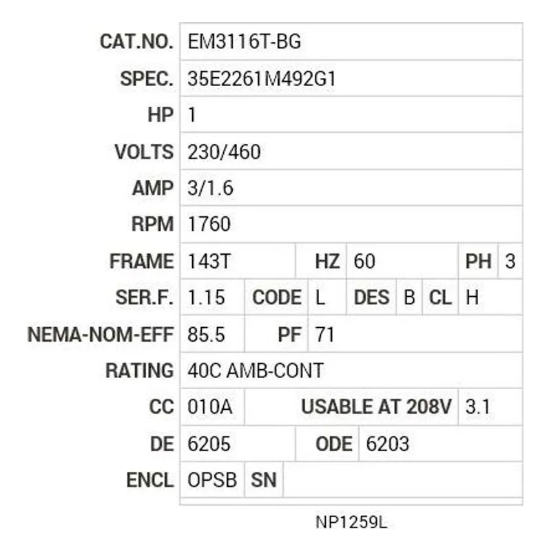 EM3116T-BG Baldor 1 HP, 1760 RPM, 3 PH, 60 HZ, 143T, 3519M, OPSB, F1 Motor Nameplate - view 2