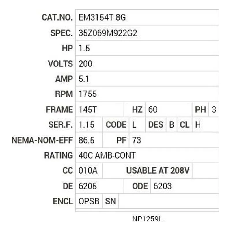 EM3154T-8G Baldor 1.5 HP, 1755 RPM, 3 PH, 60 HZ, 145T, 3522M, OPSB, F Motor Nameplate - view 2