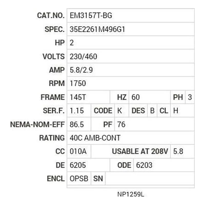 EM3157T-BG Baldor 2 HP, 1750 RPM, 3 PH, 60 HZ, 145T, 3525M, OPSB, F1 Motor Nameplate - view 2