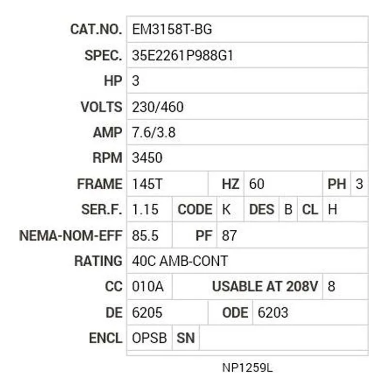 EM3158T-BG Baldor 3 HP, 3450 RPM, 3 PH, 60 HZ, 145T, 3530M, OPSB, F1 Motor Nameplate - view 2