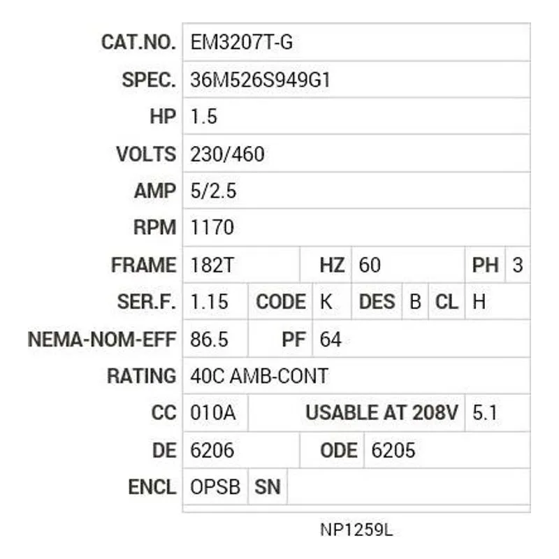EM3207T-G Baldor 1.5 HP, 1170 RPM, 3 PH, 60 HZ, 182T, 3628M, OPSB, F Motor Nameplate - view 2