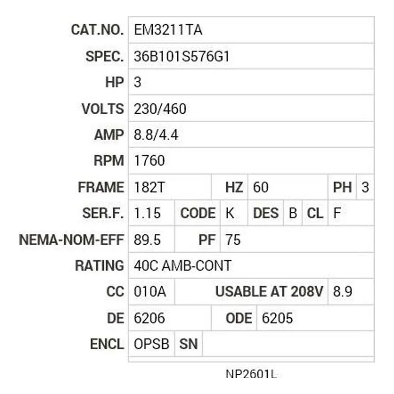 EM3211TA Baldor 3 HP, 1755 RPM, 3 PH, 60 HZ, 182T, 3631M, OPSB, F1 Motor Nameplate - view 2