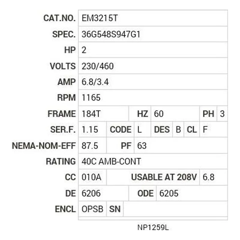 EM3215T Baldor 2 HP, 1165 RPM, 3 PH, 60 HZ, 184T, 3636M, OPSB, F1 Motor Nameplate - view 2