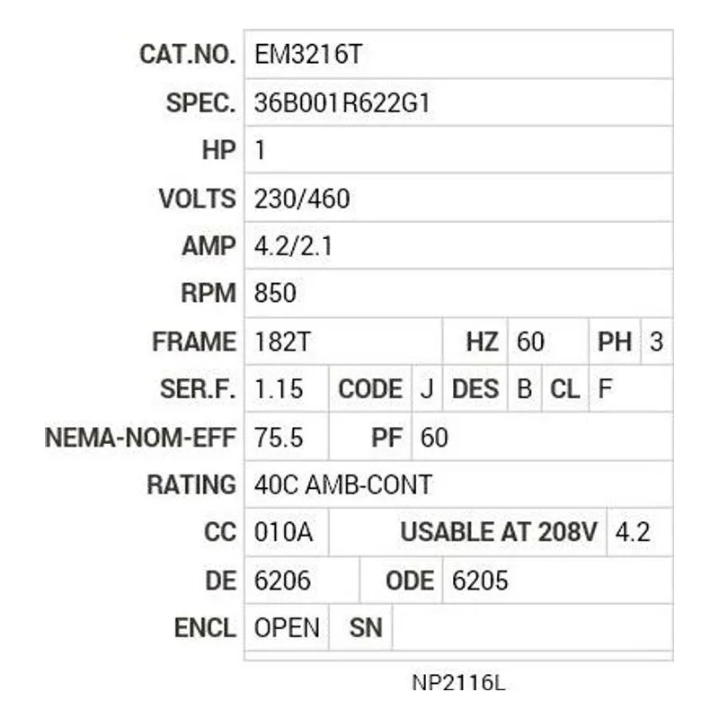 EM3216T Baldor 1 HP, 850 RPM, 3 PH, 60 HZ, 182T, 3628M, OPEN, F1, N Motor Nameplate - view 2