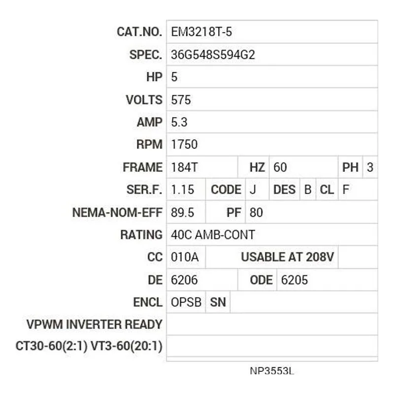 EM3218T-5 Baldor 5 HP, 1750 RPM, 3 PH, 60 HZ, 184T, 3640M, OPSB, F1 Motor Nameplate - view 2