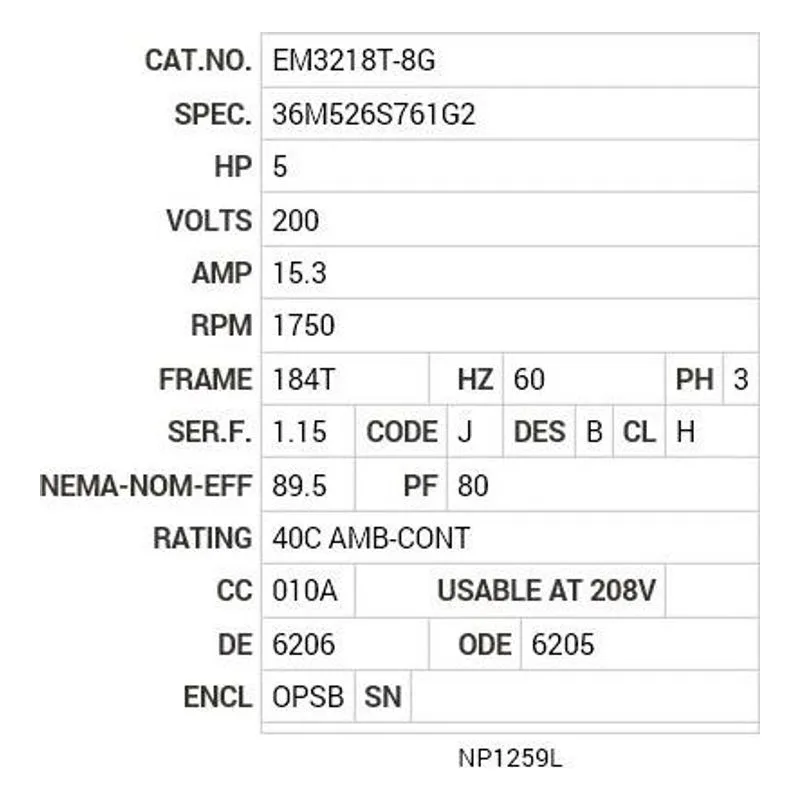 EM3218T-8G Baldor 5 HP, 1750 RPM, 3 PH, 60 HZ, 184T, 3640M, OPSB, F1 Motor Nameplate - view 2