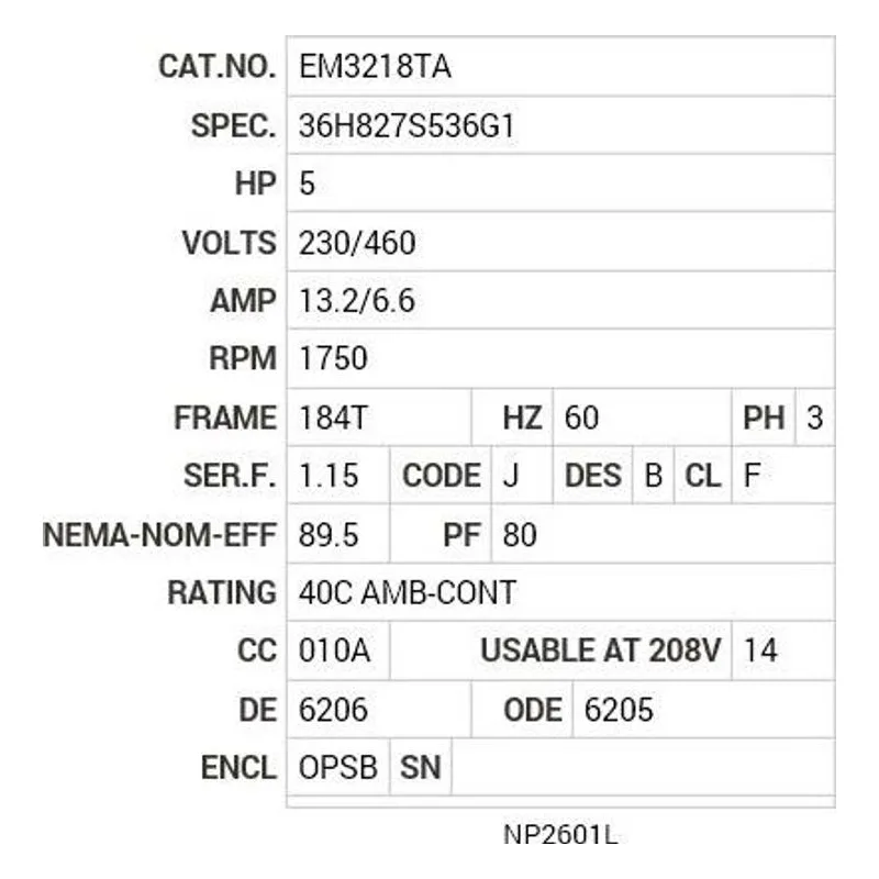 EM3218TA Baldor 5 HP, 1750 RPM, 3 PH, 60 HZ, 184T, 3640M, OPSB, F1 Motor Nameplate - view 2