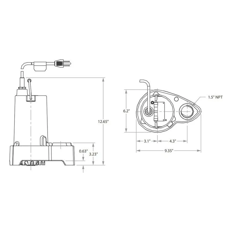 Barmesa 62180005 BP50 BP Series Sump & Utility Submersible Pumps 0.5 HP, 115 V, 3500 RPM, 60 Hz, 1 Ph (Single Phase) Dimensions - view 2