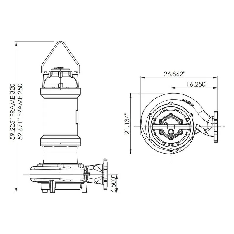 6SWH125044DS 62172132 Barmesa SW Series Solids-Handling Submersible Pump Dimensions, 6" Horizontal Flange Connections - view 3